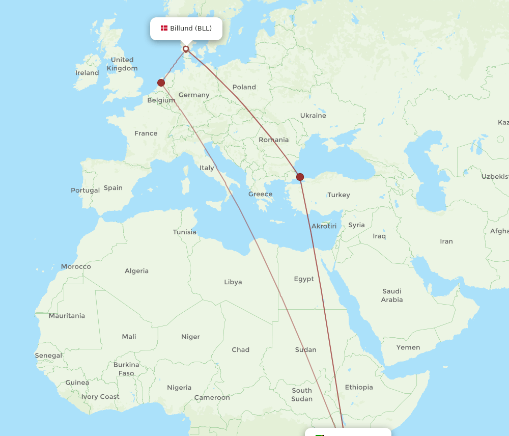 BLL-JRO flight routes