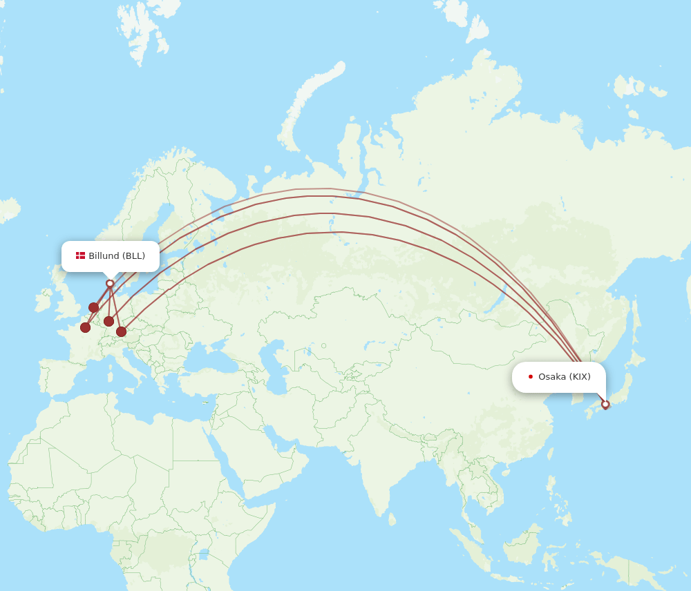 BLL to KIX flights and routes map