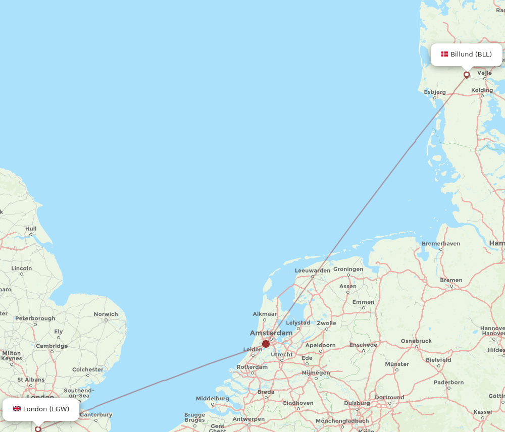 Billund - London route map and flight paths