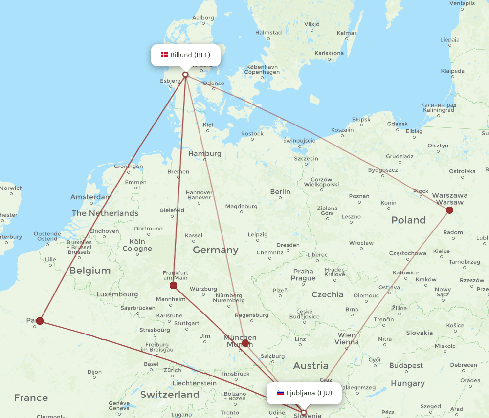 BLL to LJU flights and routes map