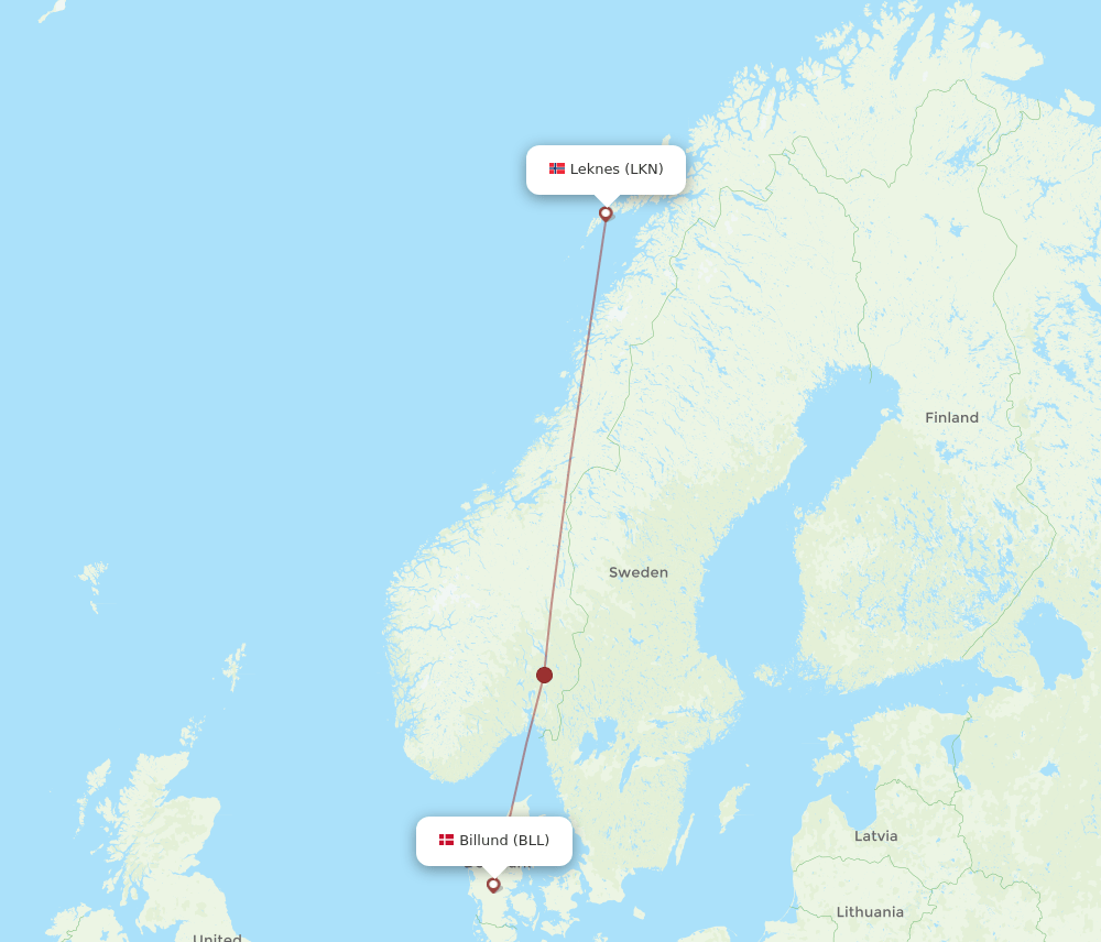 Leknes - Billund route map and flight paths