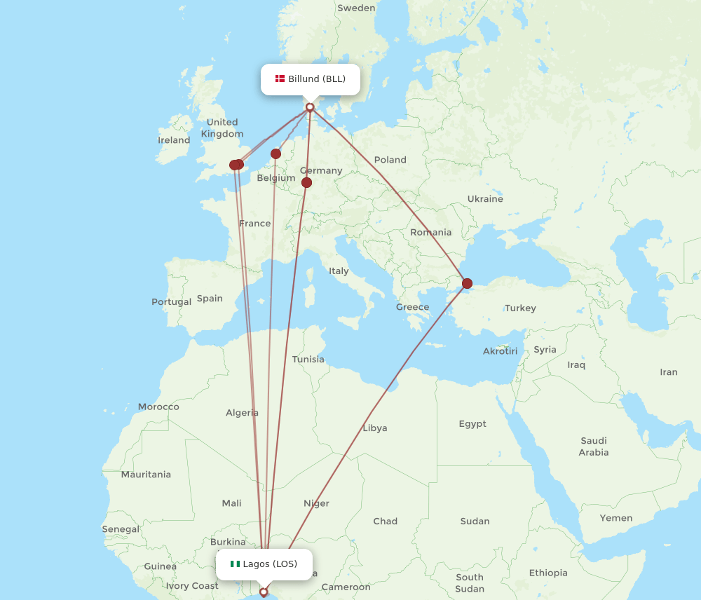 BLL to LOS flights and routes map