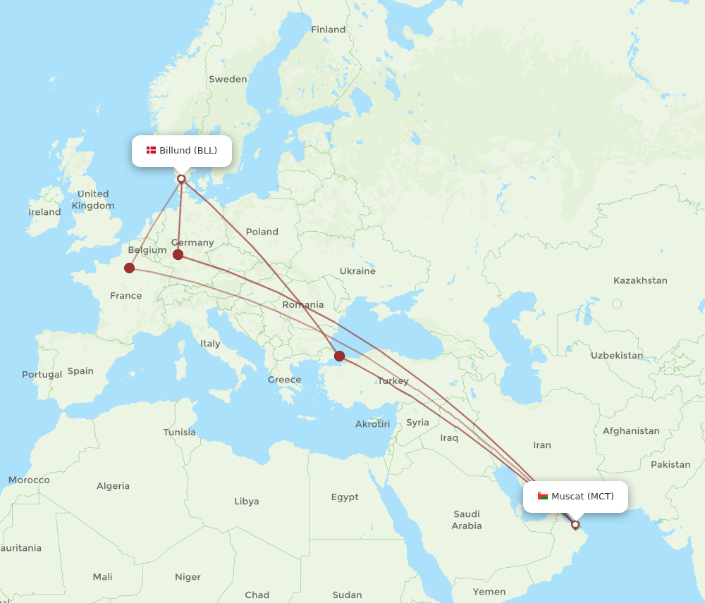 BLL to MCT flights and routes map
