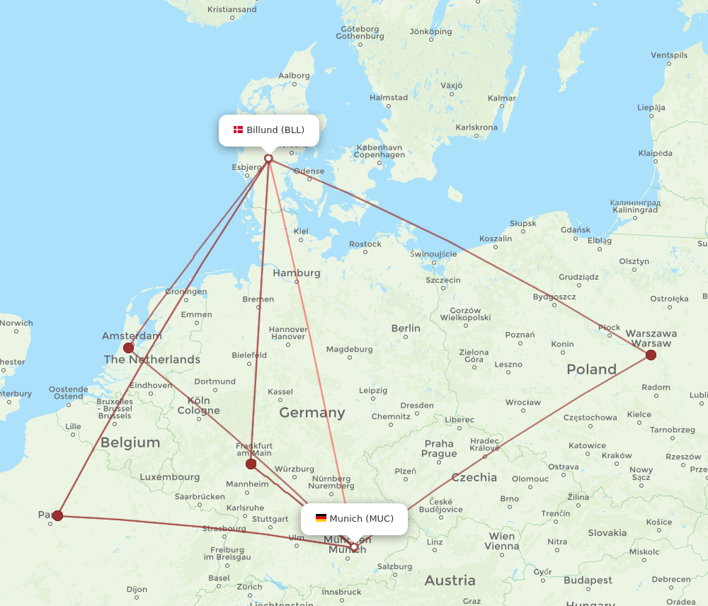 BLL to MUC flights and routes map