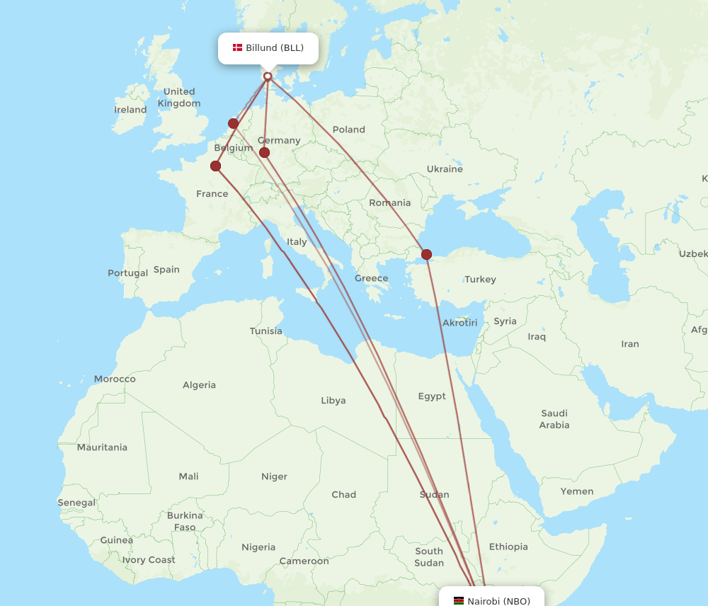 BLL to NBO flights and routes map