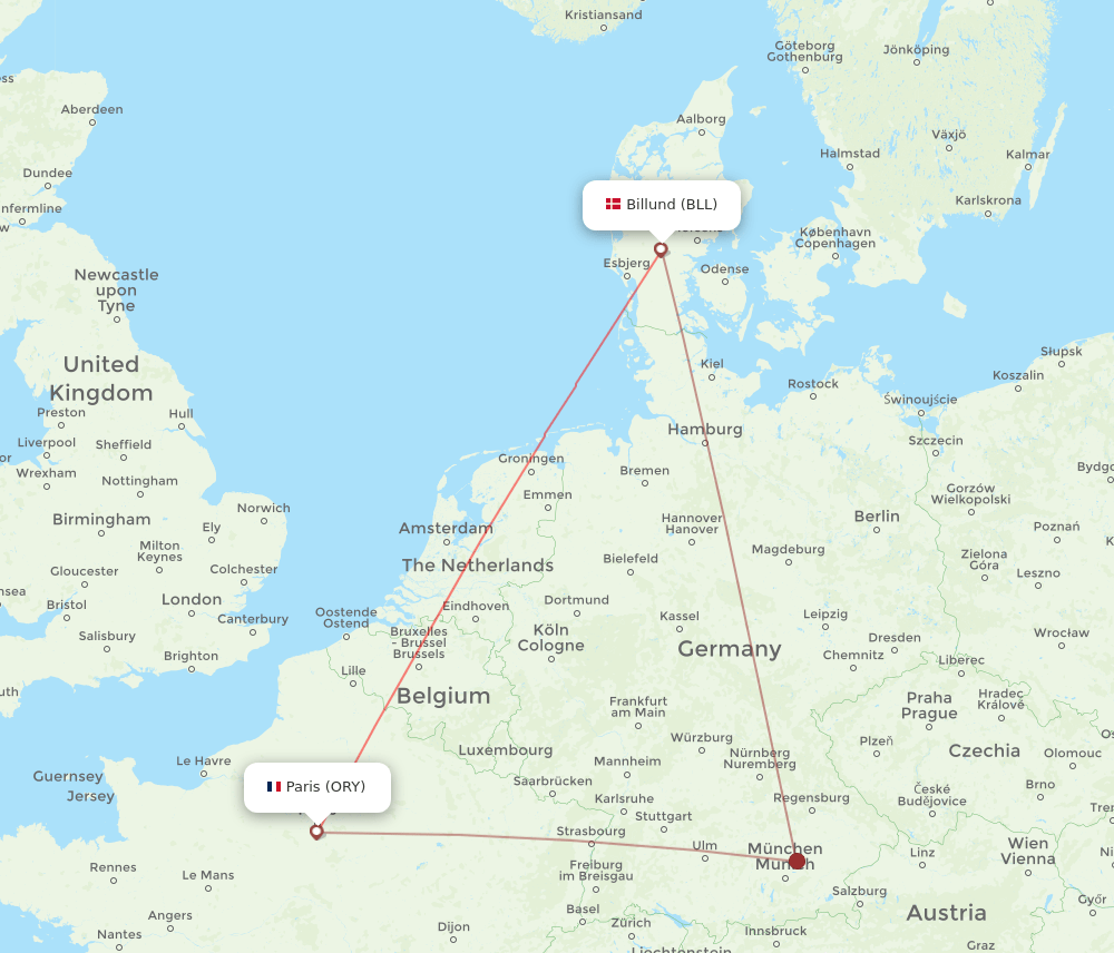 Billund - Paris route map and flight paths