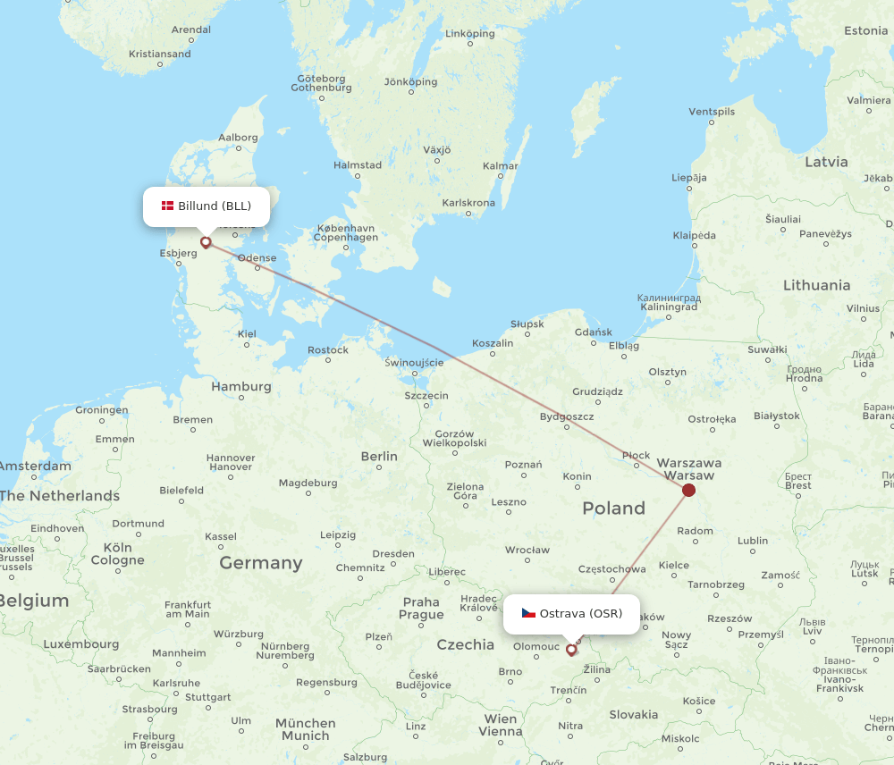 BLL to OSR flights and routes map