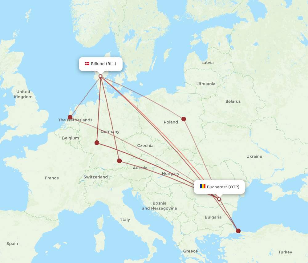 BLL to OTP flights and routes map