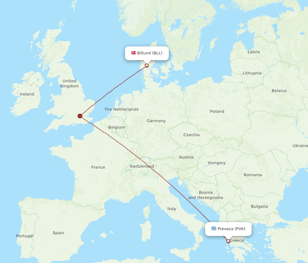 Preveza - Billund route map and flight paths