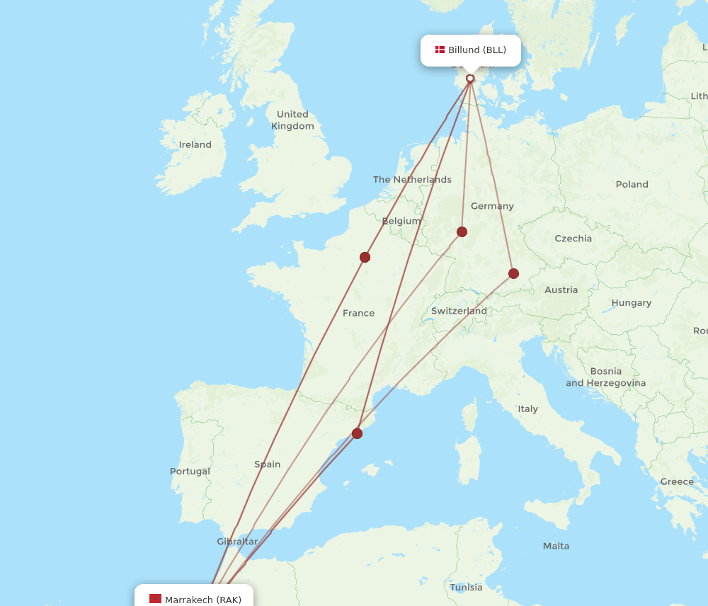 BLL-RAK flight routes