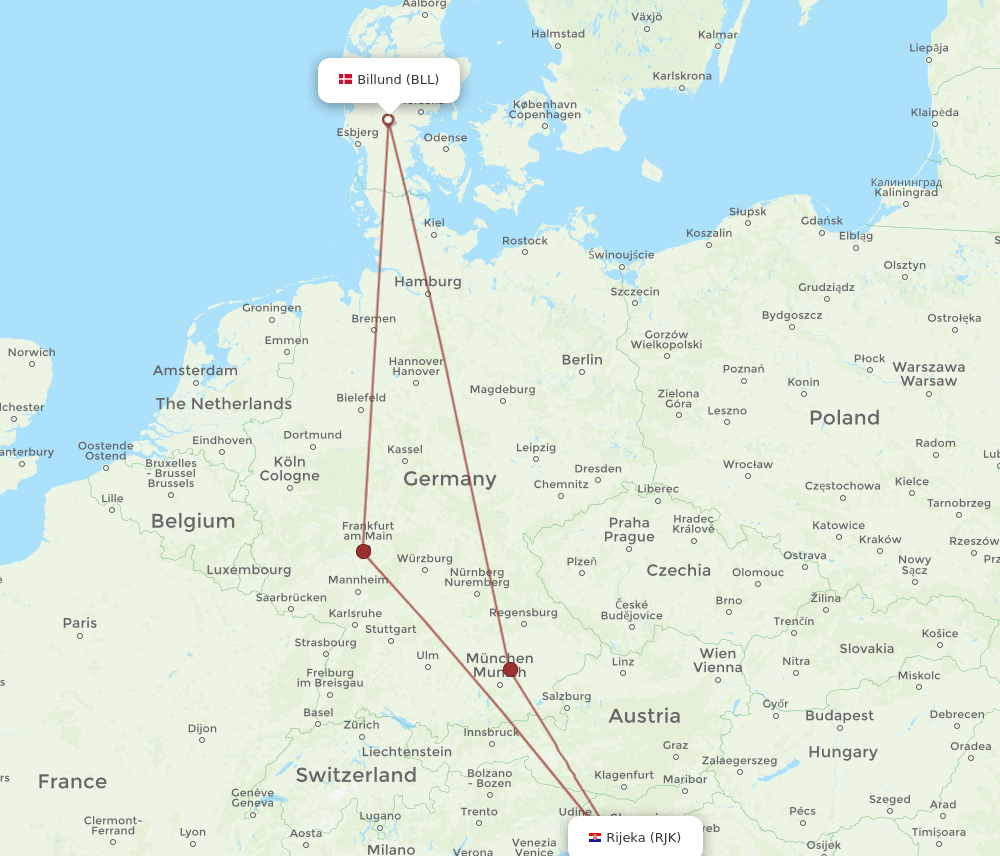 BLL to RJK flights and routes map
