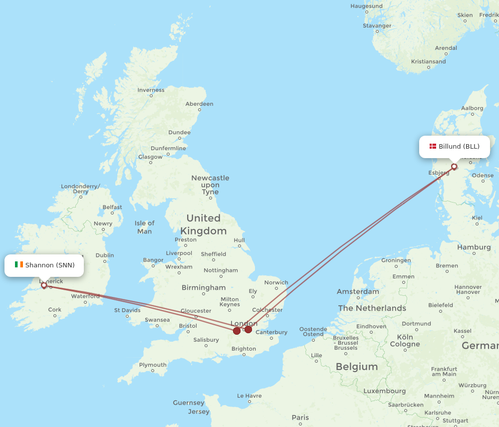SNN to BLL flights and routes map