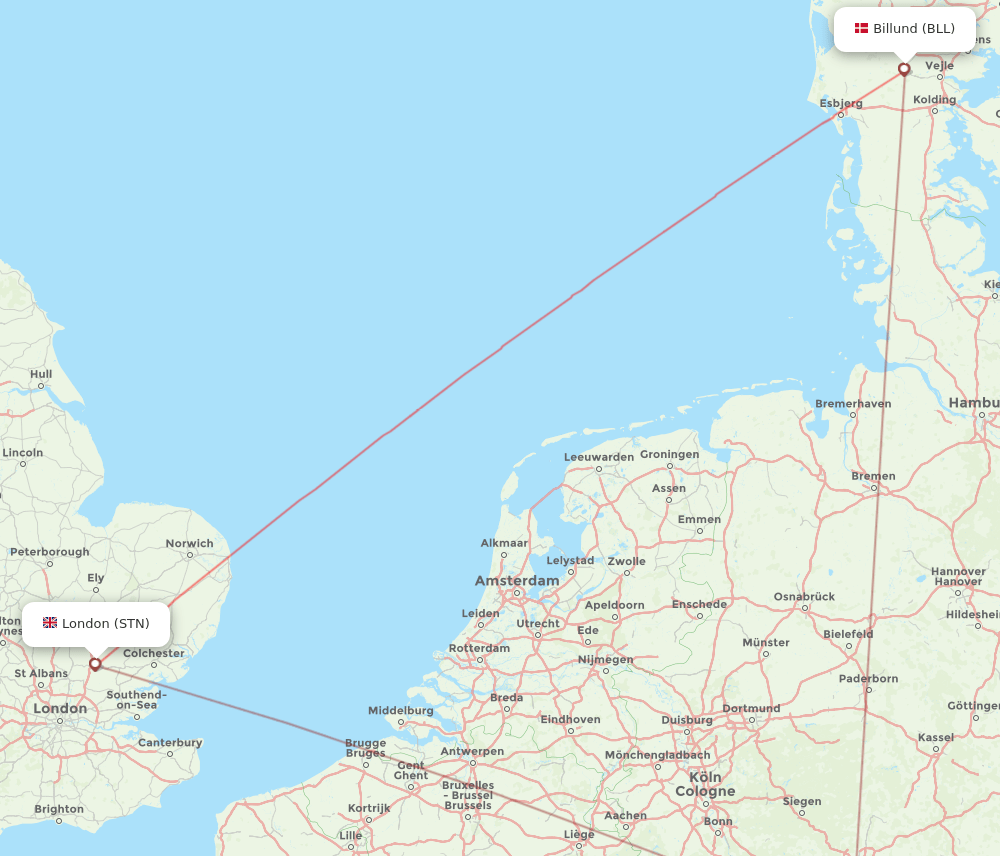 Billund - London route map and flight paths