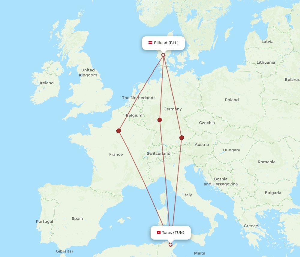 BLL-TUN flight routes