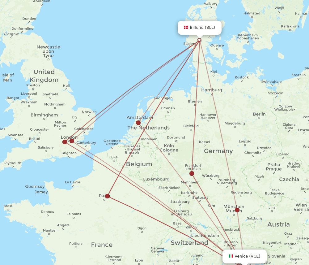 BLL to VCE flights and routes map