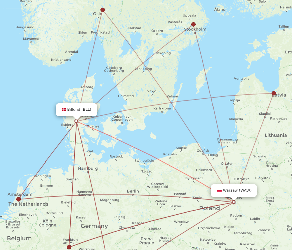BLL to WAW flights and routes map