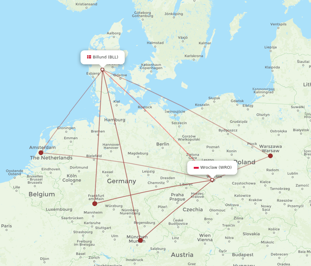 BLL to WRO flights and routes map
