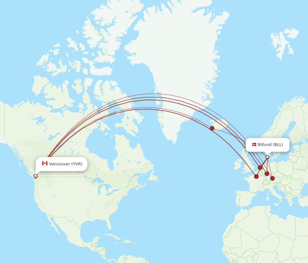 Vancouver - Billund route map and flight paths