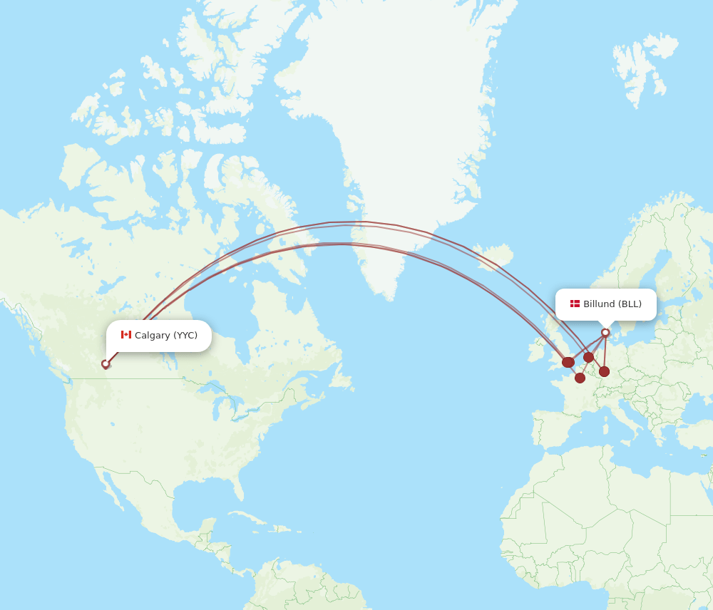 Calgary - Billund route map and flight paths