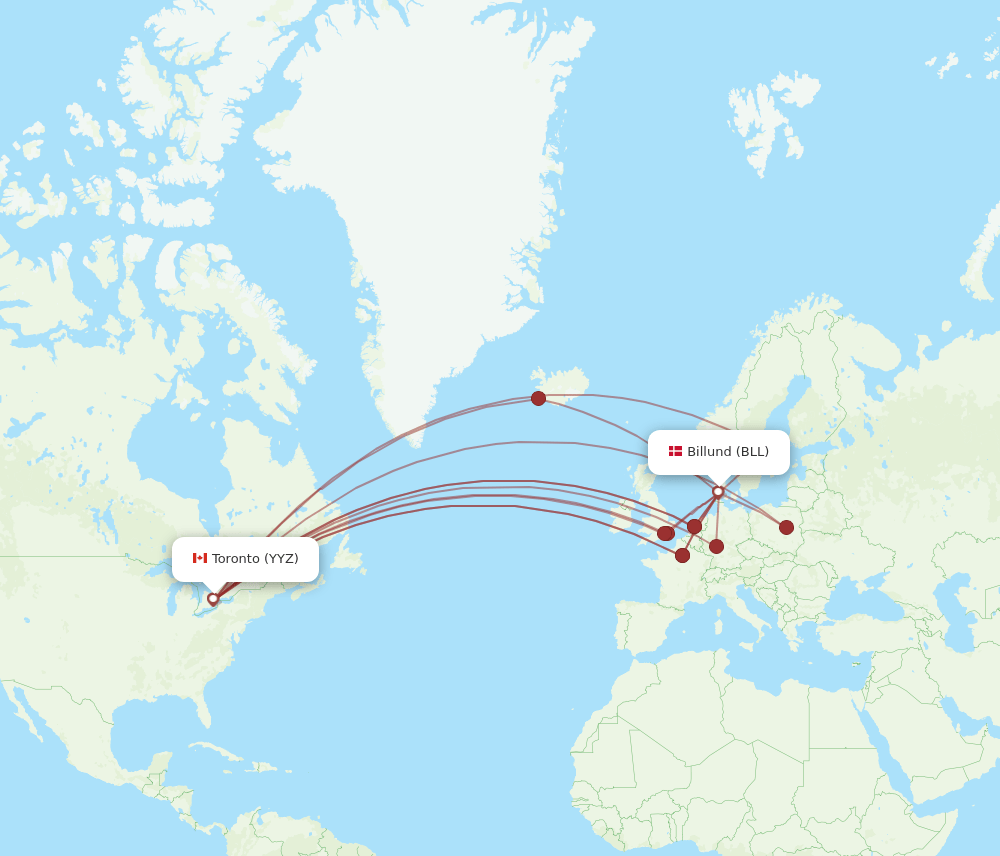 Toronto - Billund route map and flight paths