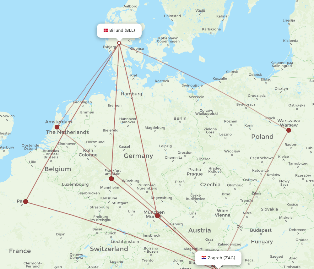 BLL to ZAG flights and routes map