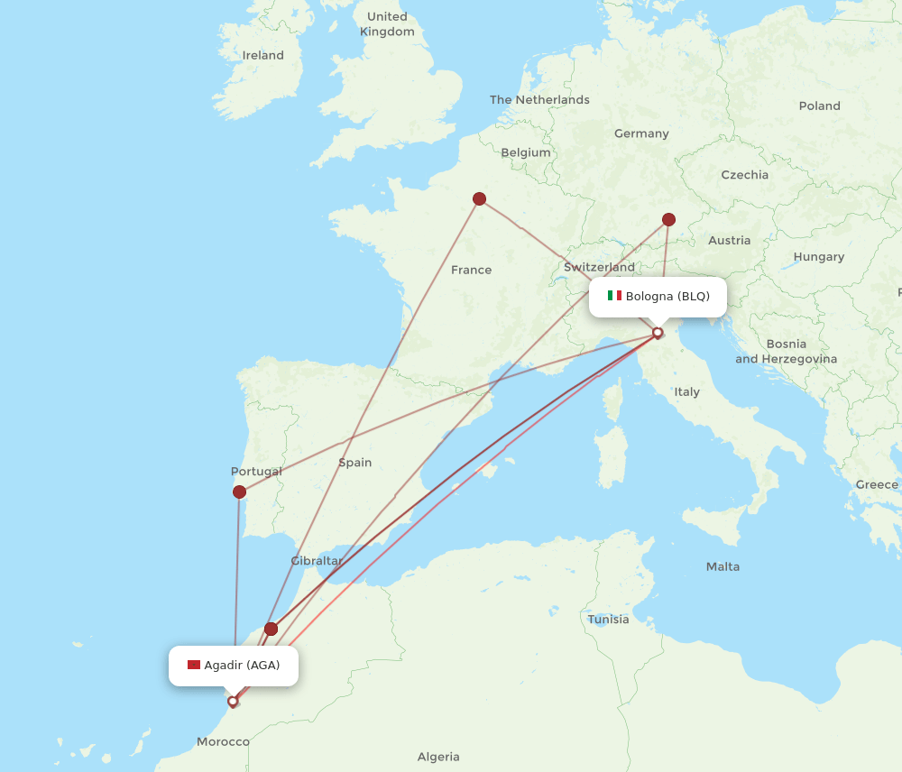 BLQ-AGA flight routes