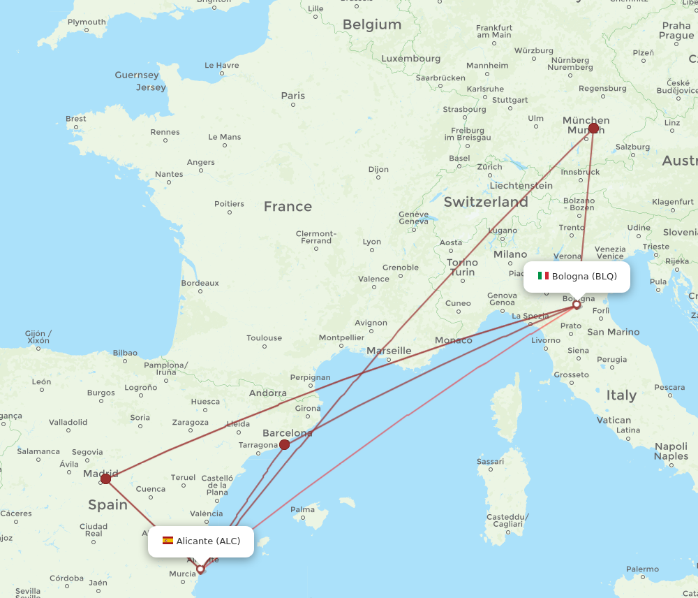 BLQ to ALC flights and routes map