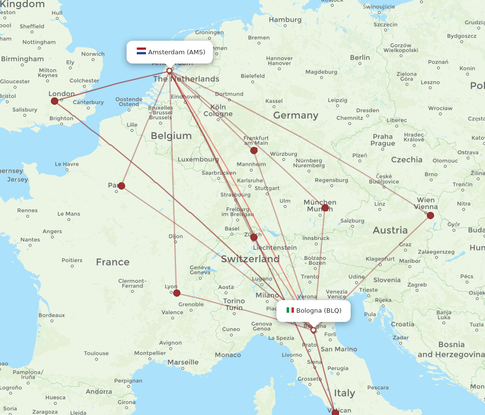 BLQ to AMS flights and routes map
