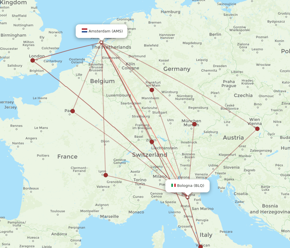 BLQ-AMS flight routes