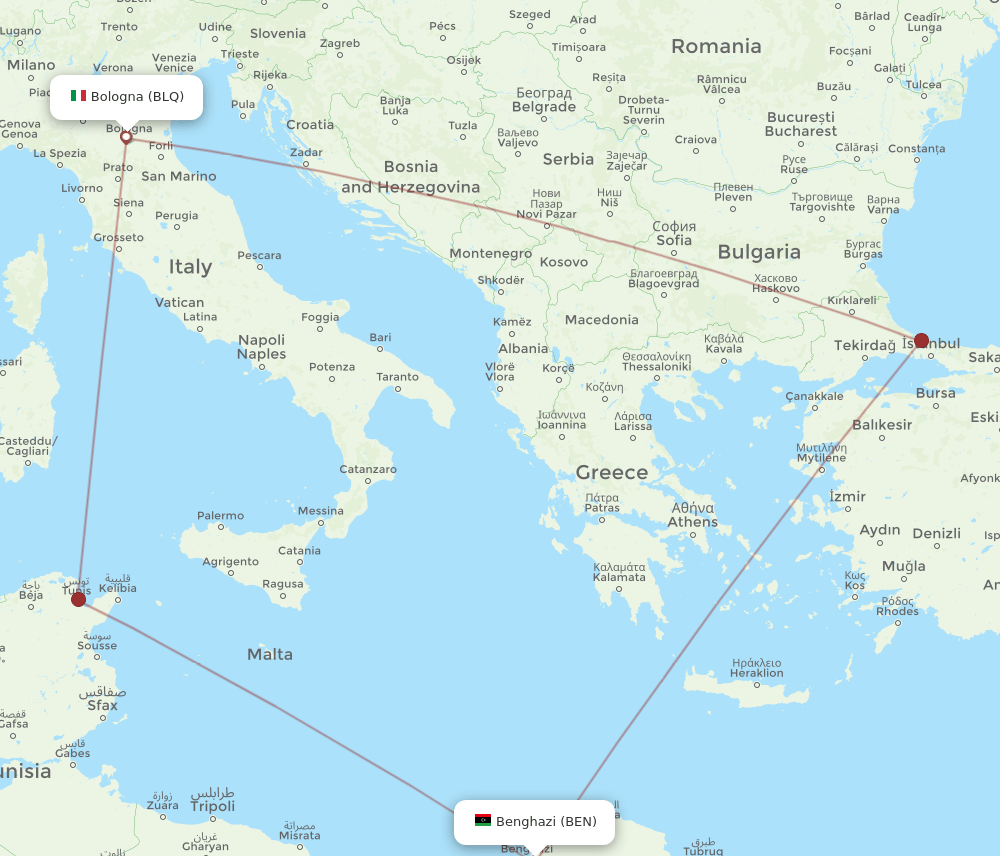 Benghazi - Bologna route map and flight paths