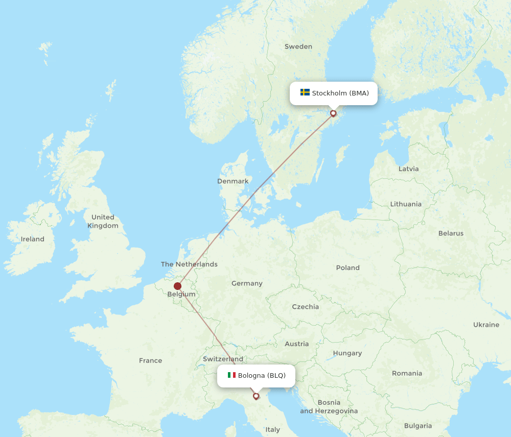 Bologna - Stockholm route map and flight paths