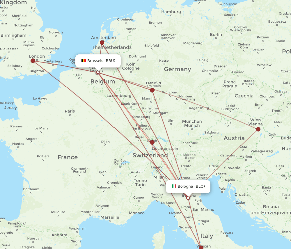 BLQ to BRU flights and routes map