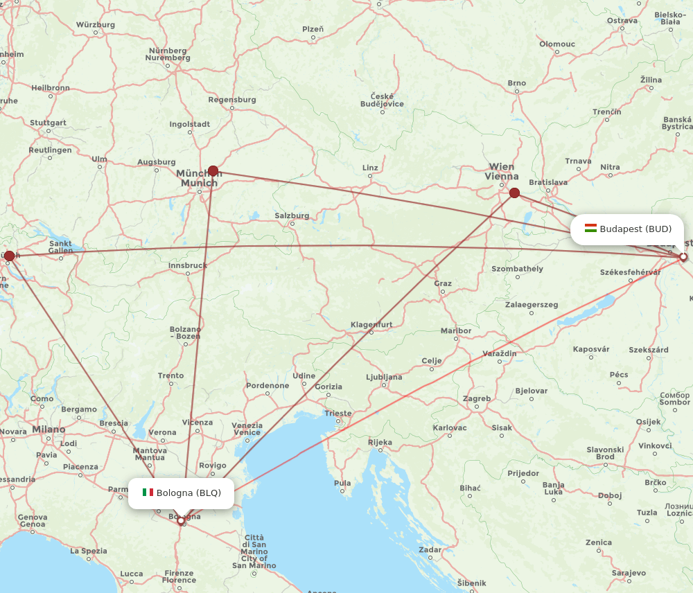 BLQ to BUD flights and routes map