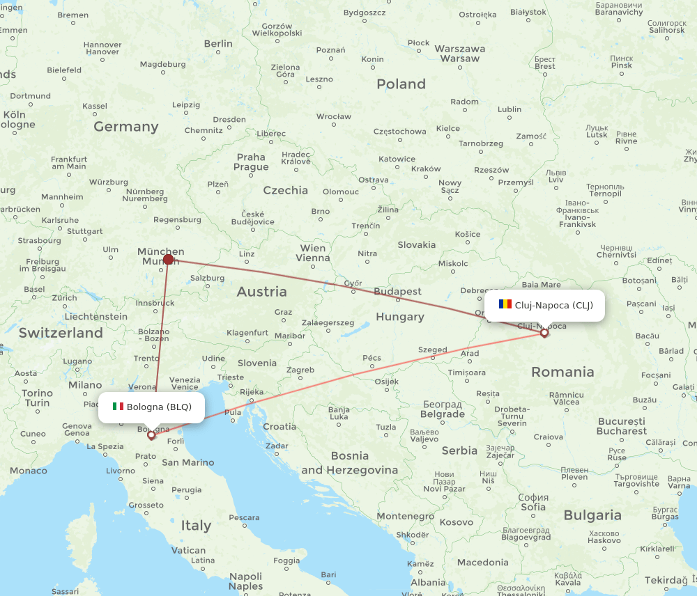 Bologna - Cluj-Napoca route map and flight paths