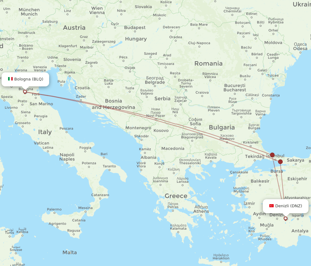 BLQ to DNZ flights and routes map