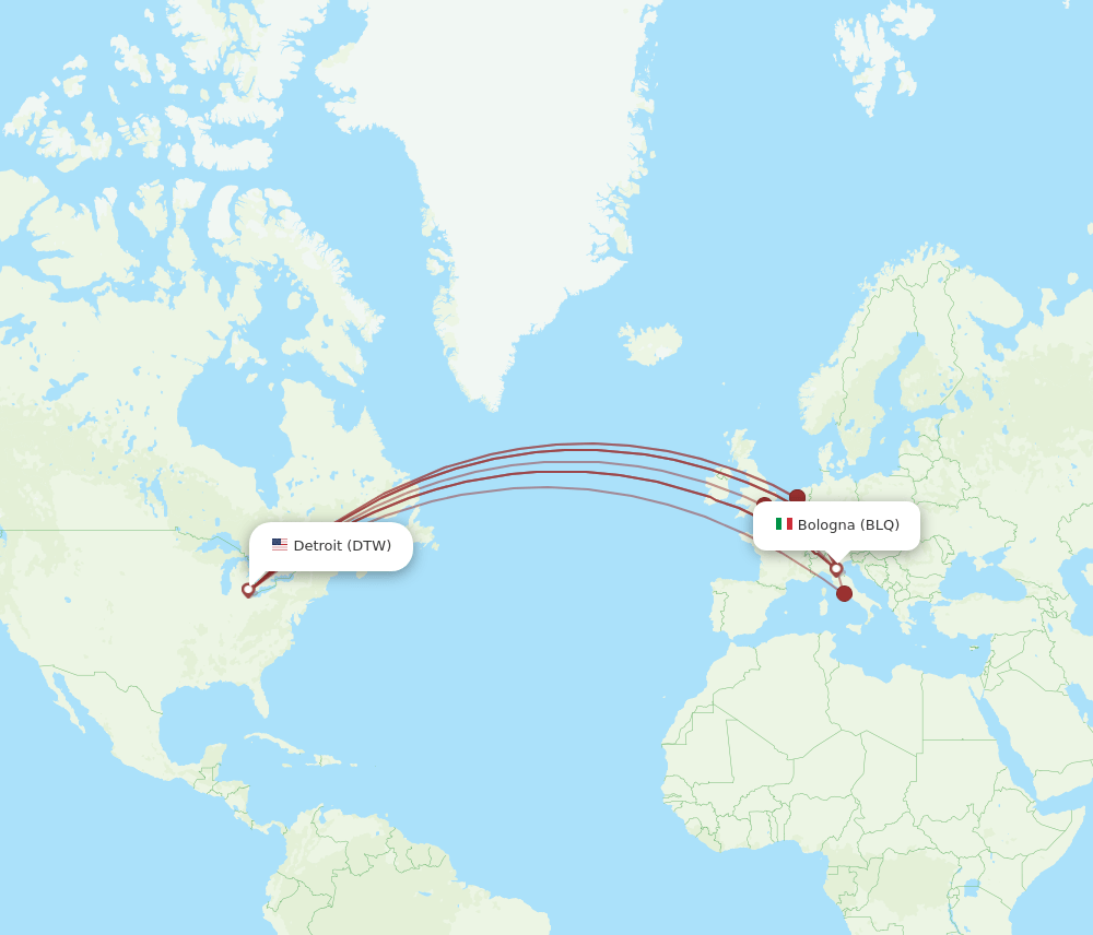 BLQ to DTW flights and routes map