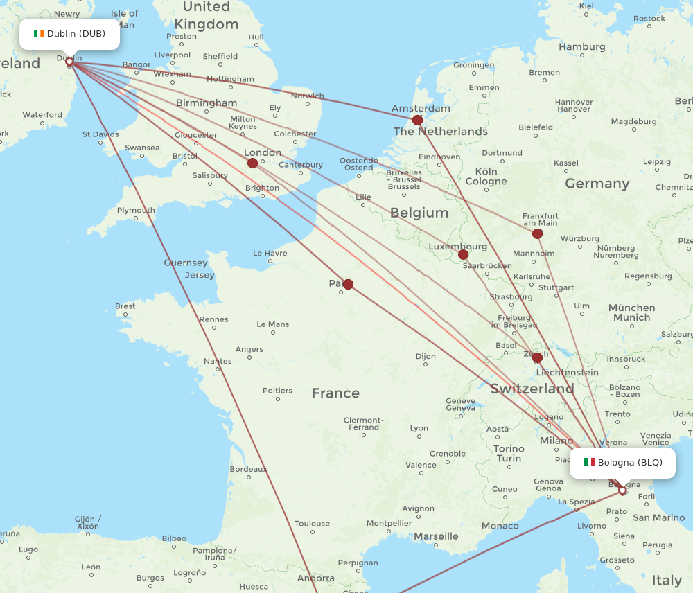 BLQ to DUB flights and routes map