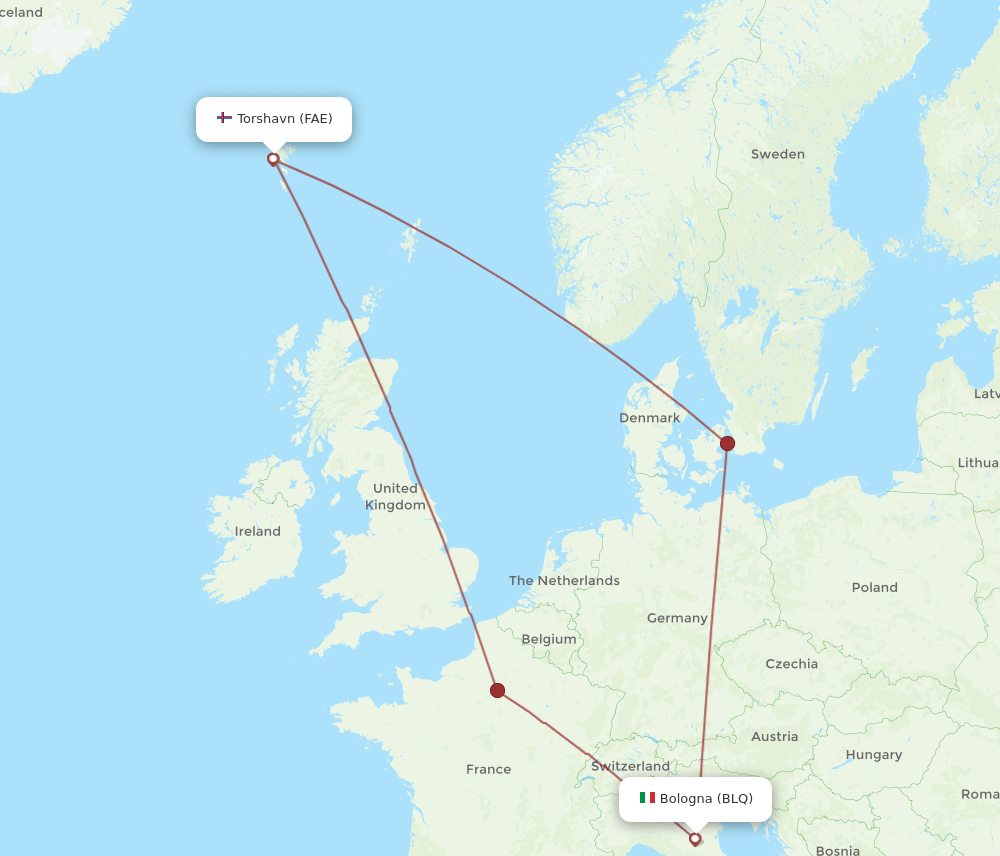 BLQ to FAE flights and routes map