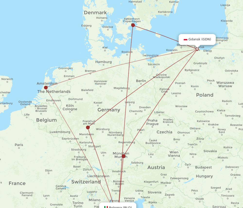 BLQ to GDN flights and routes map