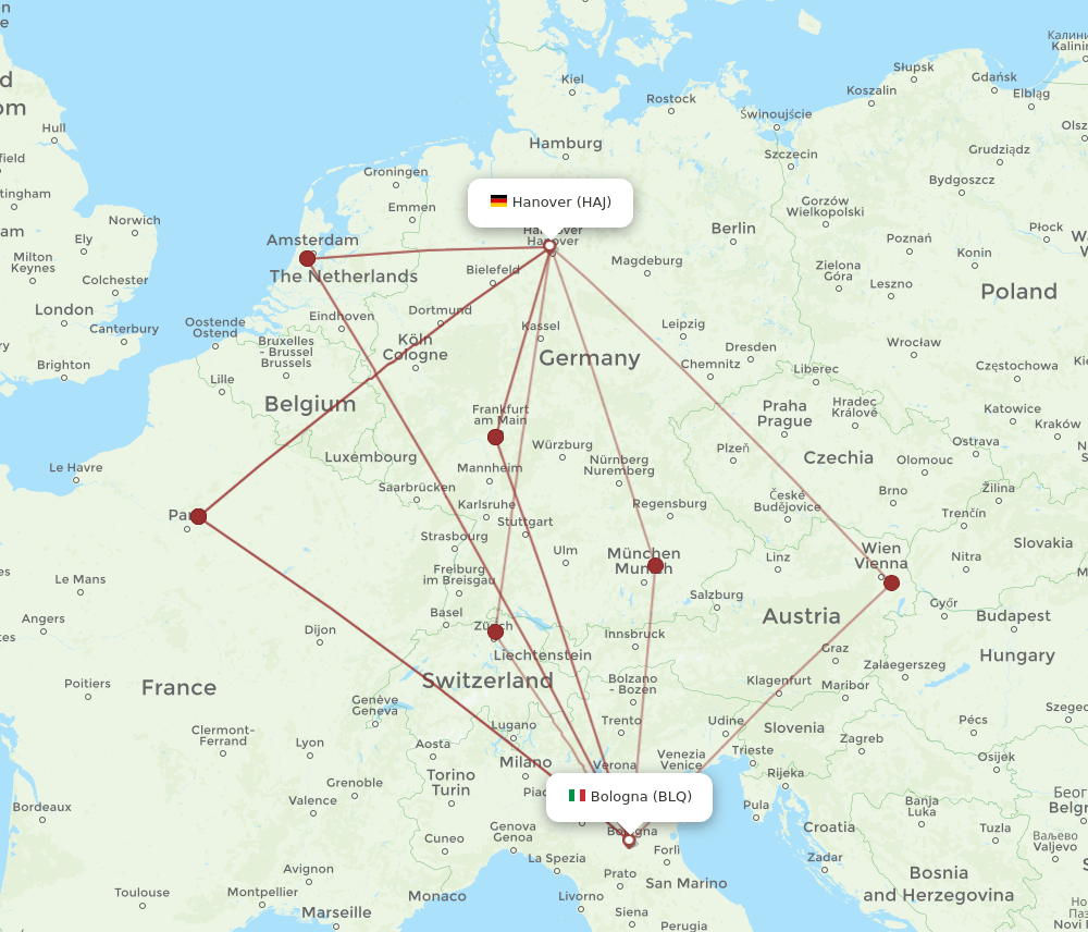 BLQ to HAJ flights and routes map