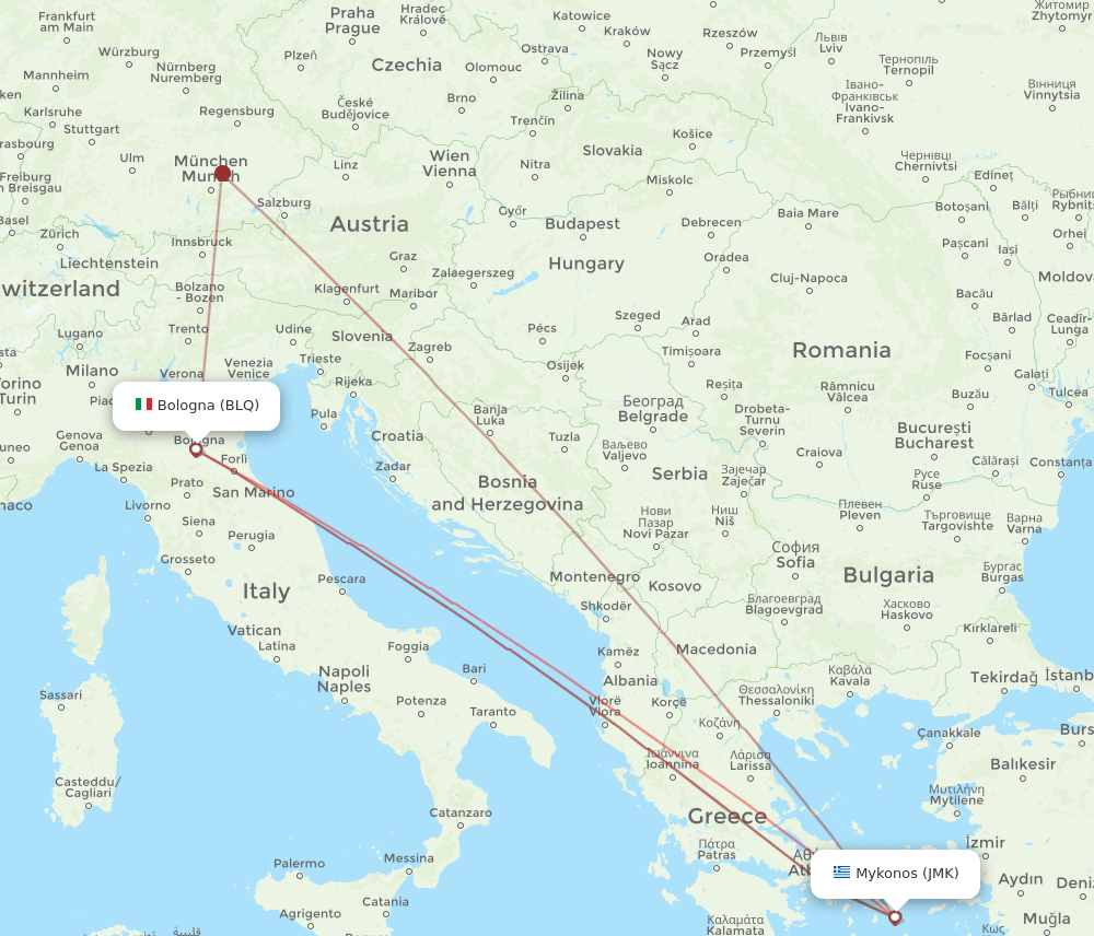 BLQ to JMK flights and routes map