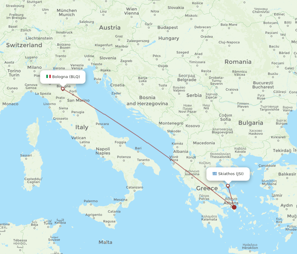 JSI to BLQ flights and routes map