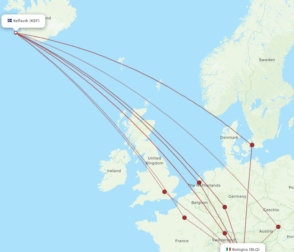 BLQ-KEF flight routes