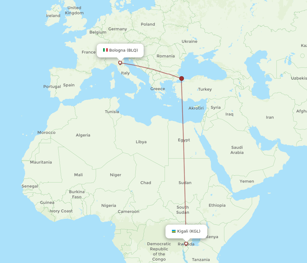 BLQ to KGL flights and routes map