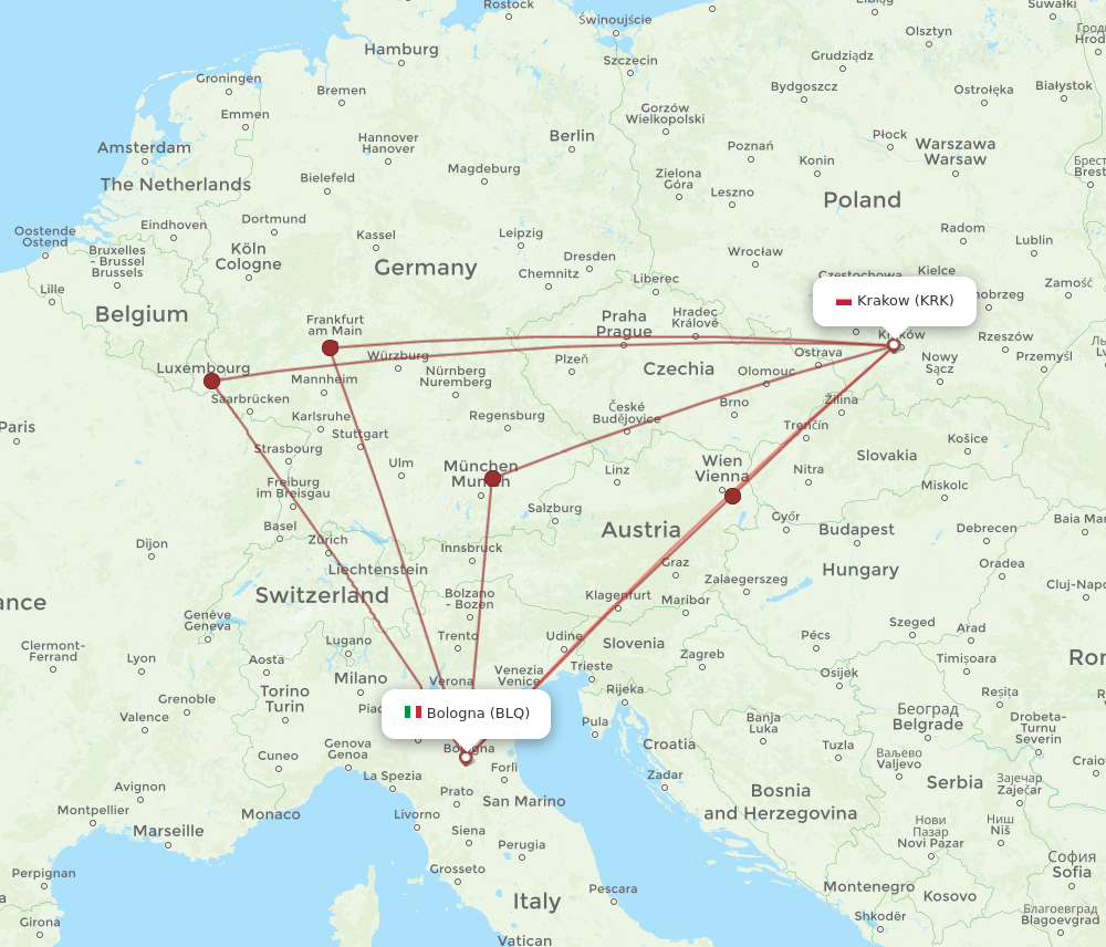 BLQ-KRK flight routes