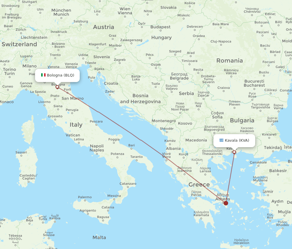 Kavala - Bologna route map and flight paths