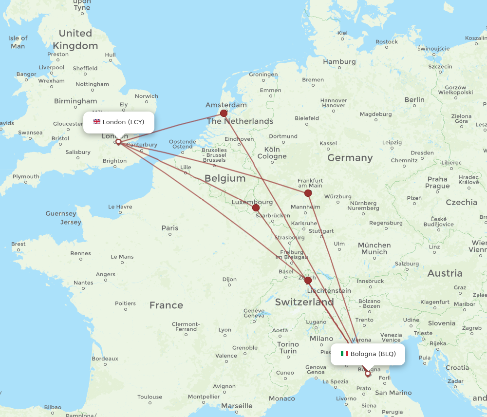 BLQ to LCY flights and routes map