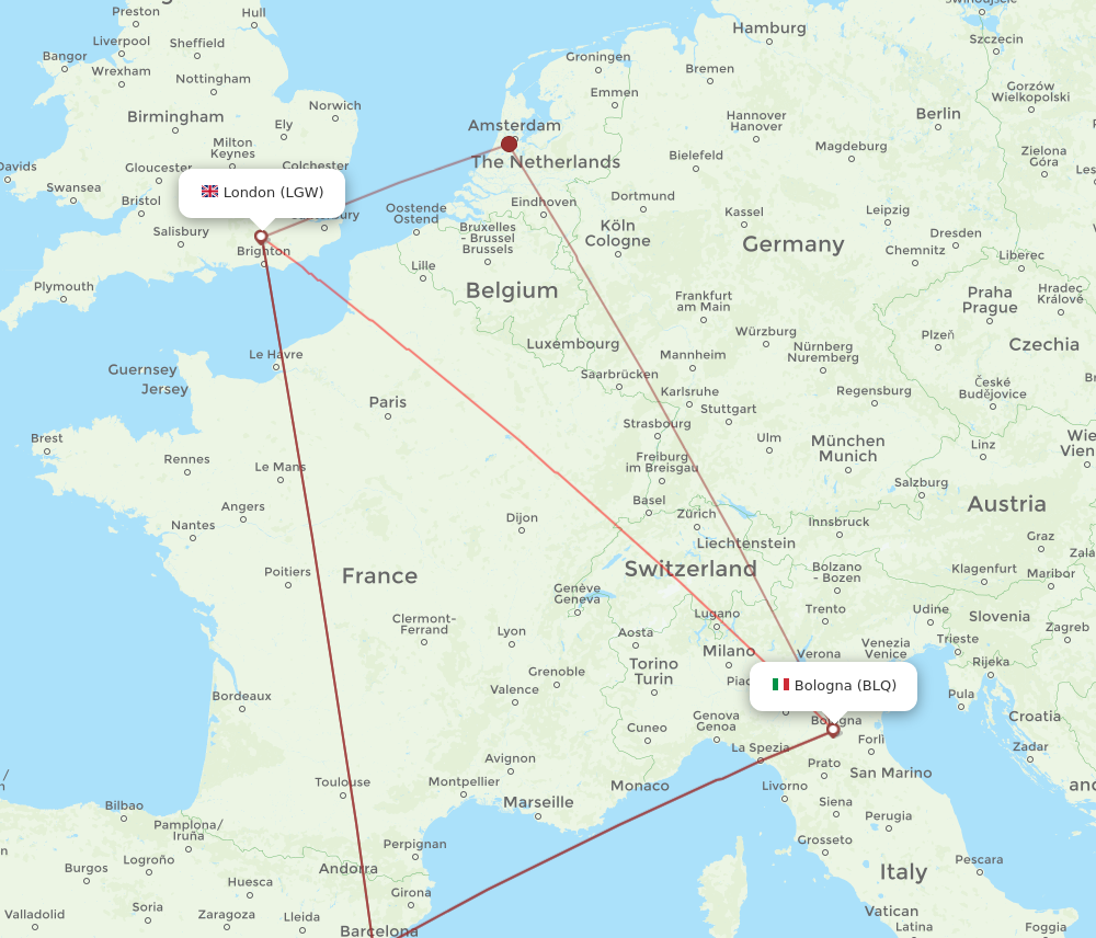 BLQ to LGW flights and routes map