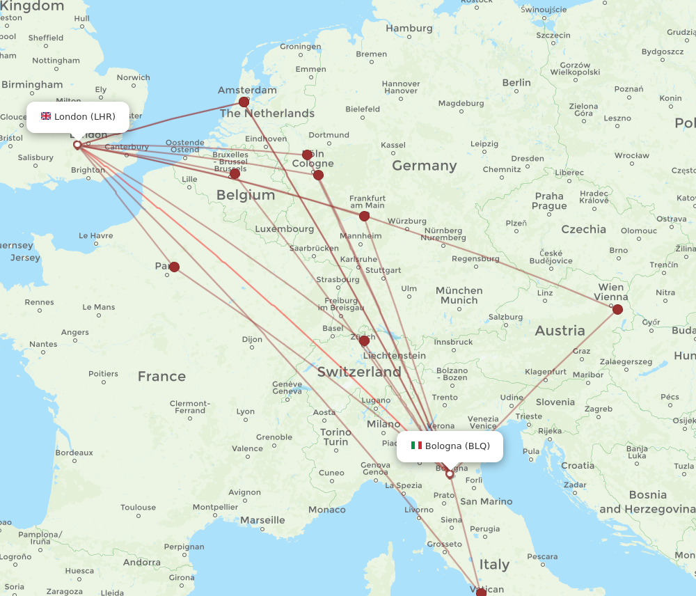 BLQ to LHR flights and routes map