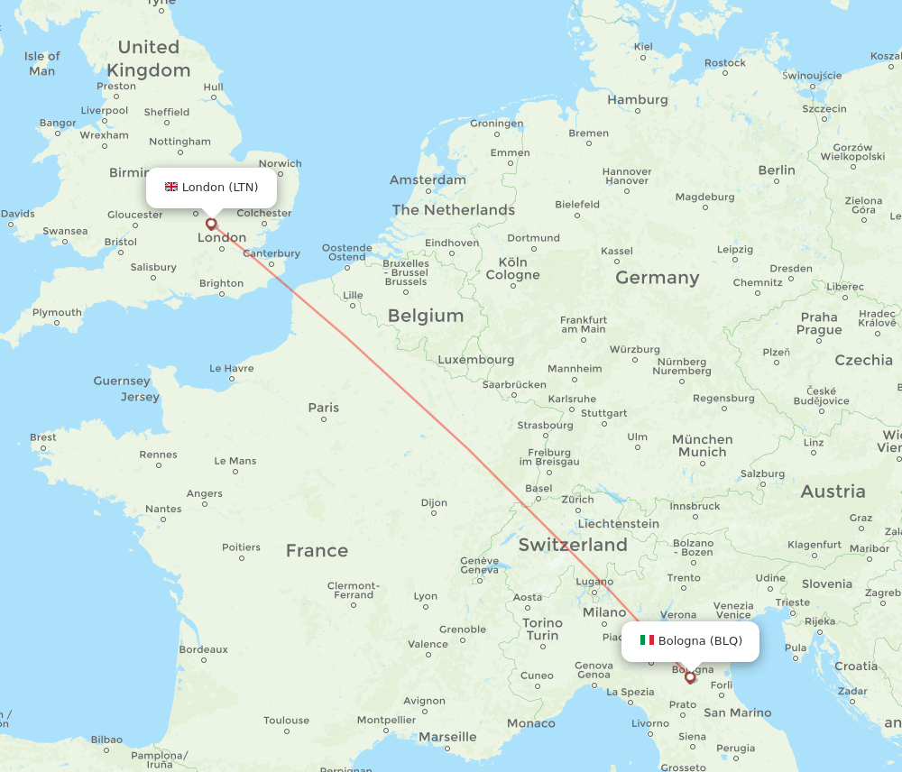 Bologna - London route map and flight paths